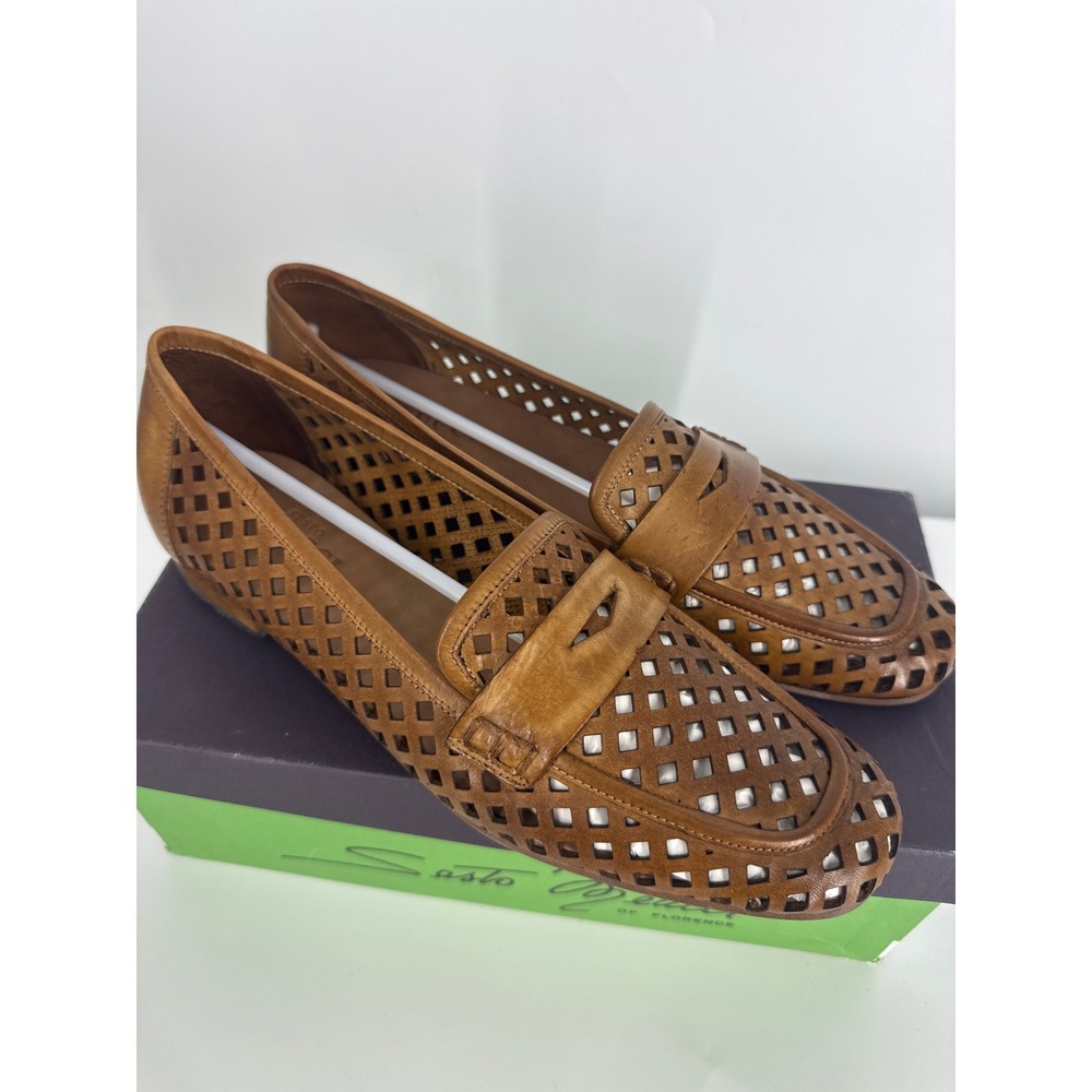 NEW Sesto Meucci Tan Leather Laser Cut Penny Loafers Italy Size 10 Quiet Luxury
